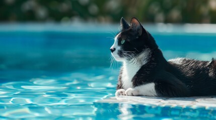 A rotund black and white cat with a lifeguard whistle, patrolling the poolside with a watchful eye. - Powered by Adobe