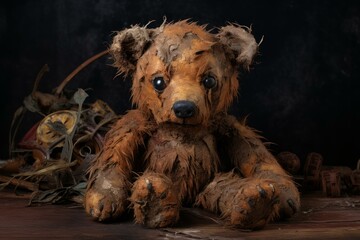 Antique teddy bear with visible wear and tear, seated against a dark, moody backdrop