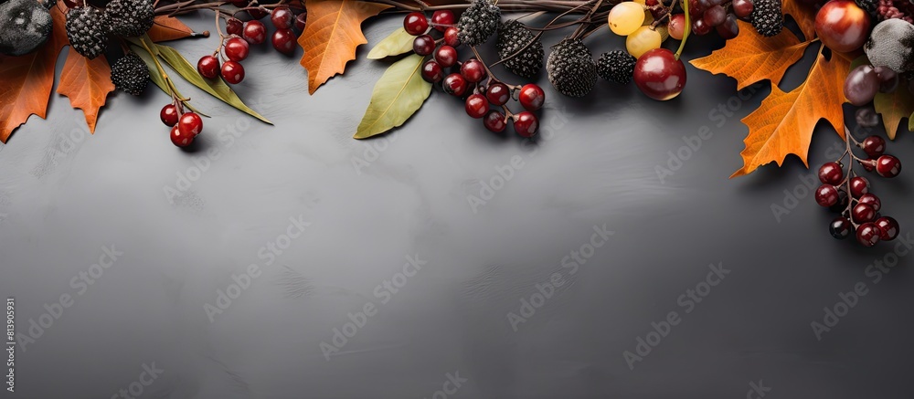 Wall mural top view of a thanksgiving day concept with a flat lay composition of dried leaves berries and a gra