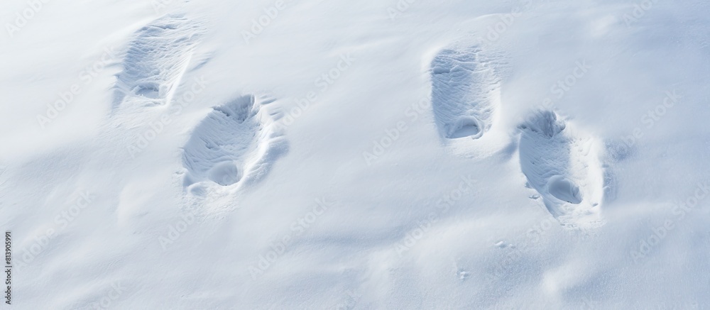 Wall mural empty copy space image depicting two shoe prints on freshly fallen snow seen from a top view