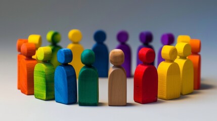 A group of small, bright wooden figures are lined up in a row, each one painted in a different vibrant color. They stand upright, showcasing their unique designs and shapes.