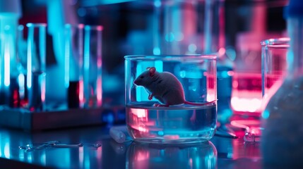 The image shows a laboratory mouse in a glass cage in a scientific laboratory.