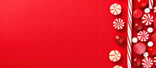 A minimal Christmas concept with a composition of Christmas candies on a bright red background The image is presented in a flat lay style with ample copy space
