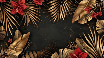 Stunning botanical design with black and gold palm leaves on dark background. Wedding ceremony invitation card, illustration, holiday sale.