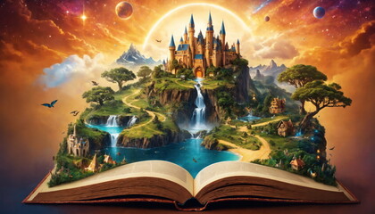 An open storybook reveals a breathtaking fantasy landscape with a majestic castle, serene lake, and lush vegetation under a twilight sky.