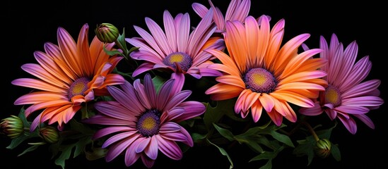 A vibrant surreal image of blooming violet orange and pink cape daisies with green leaves and buds on a black background resembling a vintage painting Copy space image