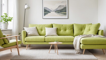 a fresh and modern Scandinavian apartment living room with a vibrant lime green sofa and matching recliner, complemented by minimalistic decor and abundant natural light.