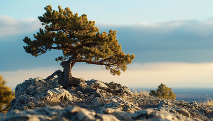 A lone juniper tree on a rocky hill, its resilient branches shaped by the elements, standing as a solitary guardian of the landscape - Powered by Adobe