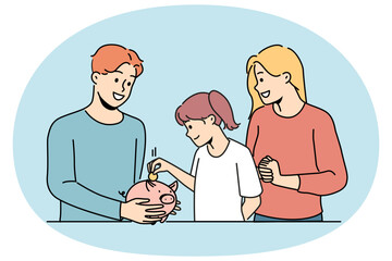 Smiling parents teach small child saving money in piggyback. Happy mother and father manage budget with little kid. Investment and expenses management. Vector illustration.