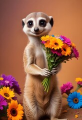 Fototapeta premium A picture of a meerkat holding a bunch of flowers