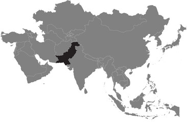 Obraz premium Highlighted black map of PAKISTAN inside dark grey detailed blank political map of Asia using orthographic projection on transparent background, without Russia