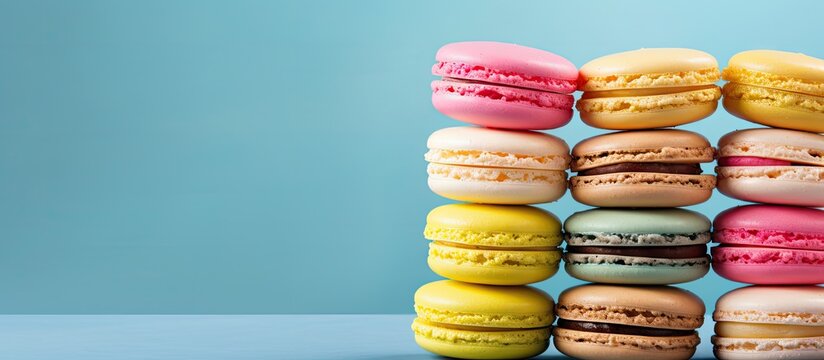 Close up of colorful macaroons pink yellow and green on a blue background with ample copy space for text