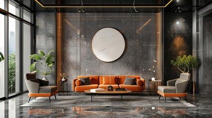 Design a modern living room interior with marble walls and floors, an orange sofa, and two armchairs. Add a round mirror, coffee table, and plants.