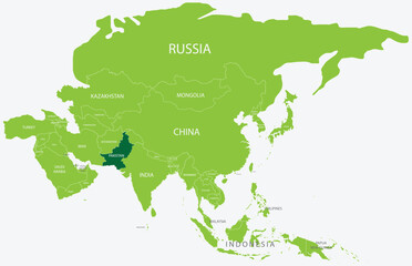 Highlighted green map of PAKISTAN inside light green political map of Asia using orthographic projection on light blue background