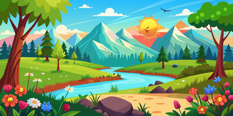 Mountain landscape with river, trees, and flowers under the sun. Nature scenery and outdoor adventure concept. Design for posters, banners, print.