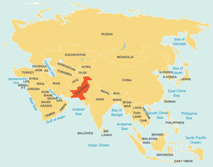 Fototapeta premium Highlighted red map of PAKISTAN inside orange detailed tagged map of Asia using orthographic projection on blue background
