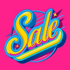 Obraz premium Bright sale sign in colorful retro style on a pink background. Shopping and discount concept. Design for posters, banners, print.