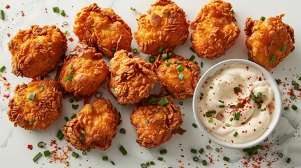 deep-fried chicken nuggets, dusted with paprika