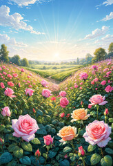 The sky is a tapestry of bright orange and blue hues, through which rays of sunlight break through, emphasizing the natural beauty of roses and hills in the background. Sunrise.