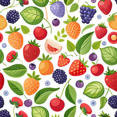 Seamless pattern of various fruits including strawberries, cherries, and blueberries. Flat illustration on a white background. Healthy eating and fruit concept. Design for textile, wallpaper, print.