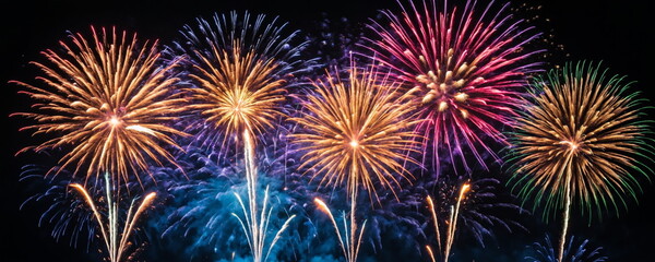 Naklejka premium Vibrant Fireworks Display Lighting Up Night Sky During Festive Celebration