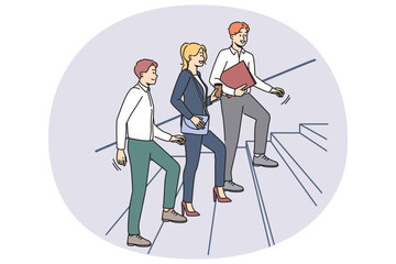 Smiling businesspeople walking stairs to office after coffee break. Happy employee going to workplace together. Teamwork and company. Vector illustration.