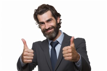 Portrait of a glad man in his 30s showing a thumb up while standing against white background
