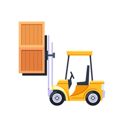 Yellow Forklift Engaged In Lifting A Large, Wooden Crate. Cartoon Vector Illustration Representing Theme Of Shipping