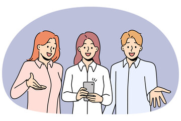 Smiling employees using cellphone talking on webcam together. Happy businesspeople with smartphone speak on video call. Teamwork. Vector illustration.