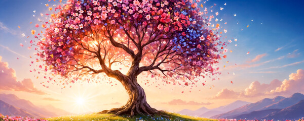 Multicolored Blossoming Tree in a Vibrant Spring Meadow at Sunset