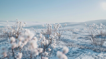 barren winter landscape dotted with white blooms