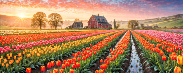 A serene dawn comes over a bright field of blooming tulips, and the warm radiance of the rising sun illuminates the sky. There is a village house in the distance.