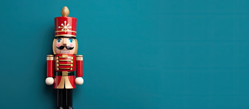 Top view of Christmas ornament and wooden nutcracker toy soldier on a blue background perfect for a copy space image
