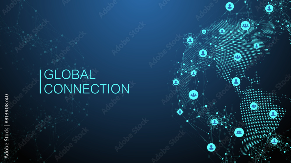 Poster Global network connection banner design template. Header social network communication in the global business concept. Big data visualization. Internet technology