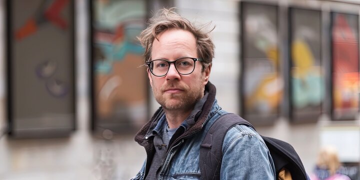 middle aged male with tech bro outfit and messy hair outdoors