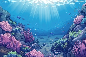 Vibrant underwater scene with a variety of corals and tropical fish. Ideal for marine life or nature-themed projects