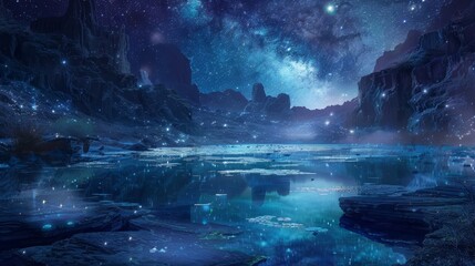 Fototapeta premium Luminescent pools reflect starry sky teeming with life background