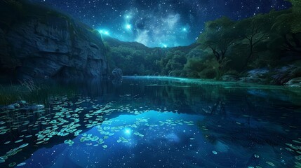Luminescent pools reflect starry sky teeming with life background