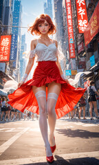 A stylish woman with blond hair strides confidently through a sunny, urban setting, her red dress catching the breeze.Anime style