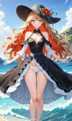 A vibrant anime woman with flowing hair walks on a beach with waves and clear skies.Anime style