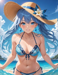 An animated young woman in a swimsuit smiles on a bright beach with clear skies.Anime style
