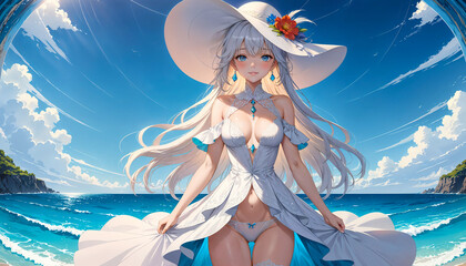 A vibrant anime woman with flowing hair walks on a beach with waves and clear skies.Anime style