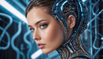 A close-up of a female androids face, featuring detailed mechanical parts and glowing blue eyes, surrounded by a network of wires and circuits.