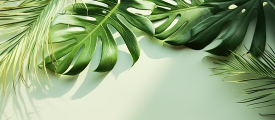 Creative copy space image featuring a flat lay of tropical leaves casting shadows on a pastel light green background seen from a top view