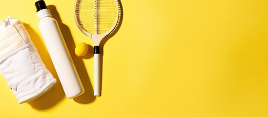 Top view of a set of badminton training essentials including a racket shuttlecock sports drink and towel arranged on a yellow background with space for text. Copy space image