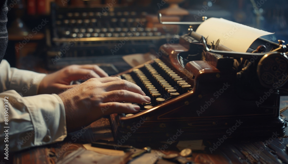 Fototapete a man is typing on an old fashioned typewriter by ai generated image
