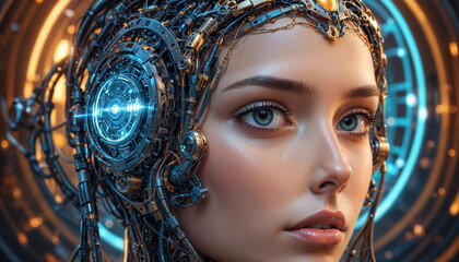 A close-up of a female androids face, featuring detailed mechanical parts and glowing blue eyes, surrounded by a network of wires and circuits.