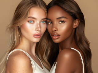 Fototapeta premium Beauty. Multi-ethnic women with natural face makeup and healthy skin portrait. Different ethnicity girls