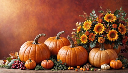A vibrant autumnal arrangement with ripe pumpkins surrounded by colorful fall flowers and seasonal berries, capturing the essence of harvest time.
