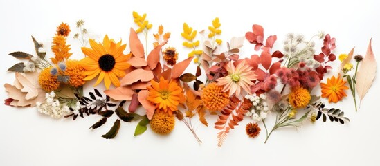 A fresh collection of autumn flowers beautifully arranged on a white background creating a floral composition that reflects the essence of fall The image is taken from a top down perspective offering